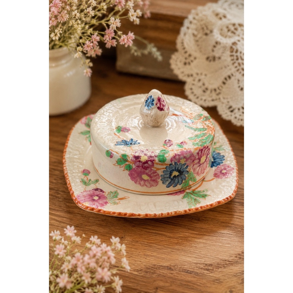 Vintage Made in Japan Hand Painted Covered Butter Dish Floral Cottagecore